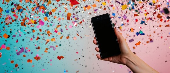 A hand holds a smartphone amidst colorful confetti, creating a festive and celebratory atmosphere.