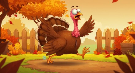 Funny Cartoon Turkey Running Scared During Autumn Season with Falling Leaves and Fence in the Background