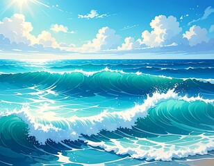 Ocean waves under a bright sky