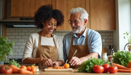 Happy younger woman, older man prepare meal together in well-lit kitchen. Share ingredients, vegetables, smiles, enjoying culinary bonding, healthy cooking. Intergenerational connection, family