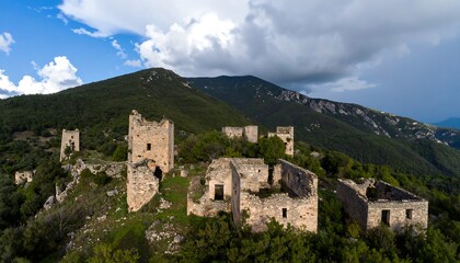 Obraz premium Hillside ruins of a stone castle complex, partially overgrown with vegetation, under a partly cloudy sky