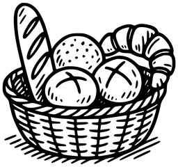 Bread basket with different types of flour products. Vector bread and buns