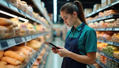 Grocery store worker uses digital device checking stock levels amidst shelves stocked with food items during busy shopping day. Employee manages inventory on tablet, ensuring product availability in