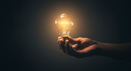 Businessman with brilliant idea, man hand with light bulb, energy and light concept, creative business solution