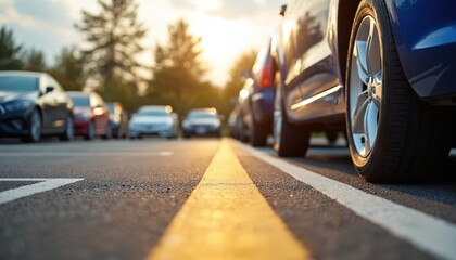 Used cars parked in outdoor lot, representing auto sales, rentals, dealership services. Focus on car parking area, vehicle availability for purchase lease. Automotive business, commercial