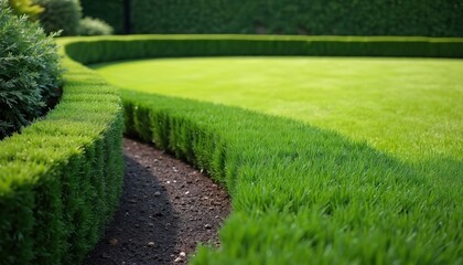 Obraz premium Modern garden design features pristine lawn, neatly trimmed hedges. Green grass, manicured shrubs, curved pathways create harmonious, tranquil environment. Vibrant green turf arranged with symmetry,