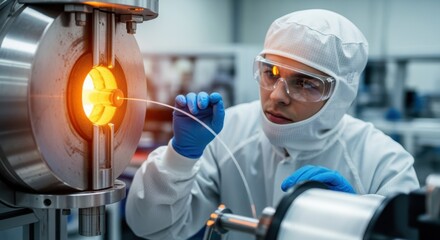 Technician in protective gear inspecting fiberoptic preform drawing furnace where molten glass fiber is created from heated cylindrical preform.