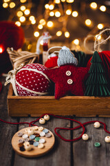 Christmas zero waste eco friendly home holiday festive decor, wooden box handmade toys with recycled or natural materials. Cozy atmosphere, ecological concept, sustainable Xmas celebration