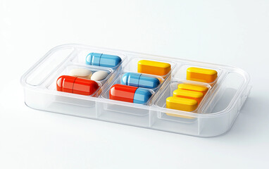 Medical pill organizer box with labeled compartments for daily medication use isolated on transparent background PNG