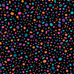 Playful seamless pattern featuring colorful scattered dots in bright orange, pink, teal, and purple on a dark background. A versatile and festive design, perfect for textiles, wallpaper projects.