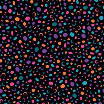 Playful seamless pattern featuring colorful scattered dots in bright orange, pink, teal, and purple on a dark background. A versatile and festive design, perfect for textiles, wallpaper projects.