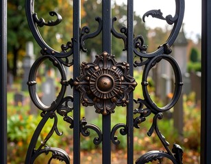 Ornate black metal gate in a cemetery