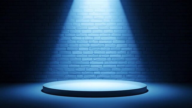 A circular platform stands before a dark brick wall brightly illuminated by a single blue spotlight from above
