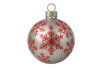 Silver christmas ball ornament decorated with red snowflakes on transparent background