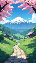 Obraz premium Japanese anime countryside spring scene with snow-capped Mount Fuji. Blooming sakura trees frame winding stone path leading to village nestled among green hills, rice fields. Serene landscape,