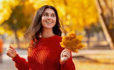 Portrait of attractive cheerful young lady in red sweater holding bouquet of yellow leaves at autumn park. Lovely Caucasian woman enjoying change of season during her walk outdoors