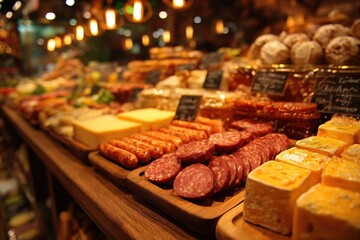 Delightful assortment of farm delicacies featuring sausages cheeses and honey at a deli counter