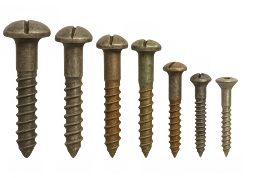 Seven metal screws decreasing in size on transparent background