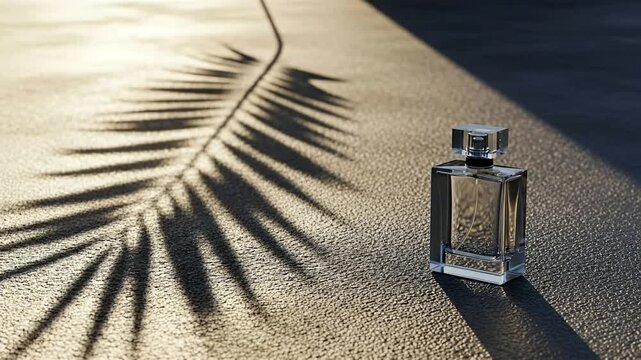 A clear rectangular bottle with a square stopper stands on a textured surface bathed in sunlight with a strong palm leaf shadow