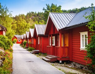 Row of red wooden cabins