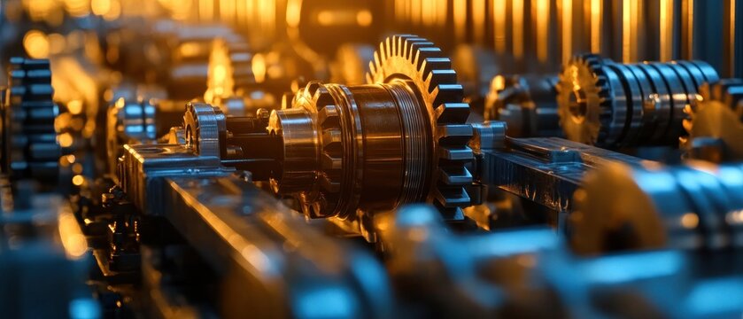 Detailed close up of interlocking metallic gears and cogs in complex industrial machinery