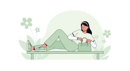 Woman Relaxing On A Bench, Holding A Handbag, Enjoying A Tranquil Moment
