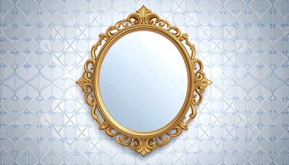 Ornate gold framed oval mirror on light blue patterned wall