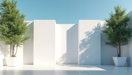 Fototapeta na wymiar Sunlit minimalist rooftop terrace features clean white walls, geometric structures, potted trees. Modern concrete surface with smooth, simple blank space, sharp shadows from trees. Architecture