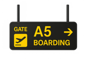 Airport boarding sign showing gate a5 with transparent background