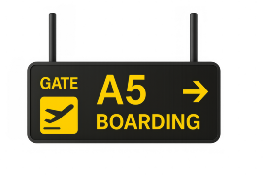 Airport boarding sign showing gate a5 with transparent background