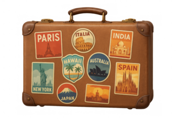 Vintage suitcase showing travel stickers from around the world on transparent background