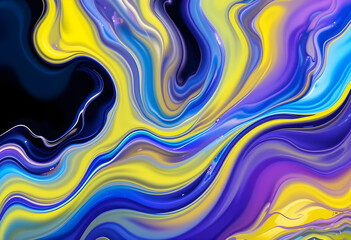 Vibrant Abstract Swirl of Yellow, Blue, Purple, and Black in Fluid Motion Dynamic Color Blend Featuring Flowing Patterns and Artistic Energy Ideal for Creative Projects, Visual Art, Backgrounds, and D