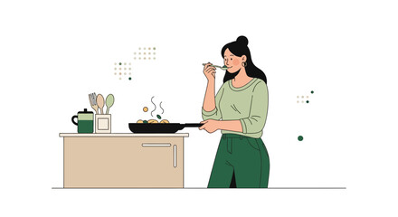 Woman Tasting Freshly Cooked Food From Pan In A Minimalistic Modern Kitchen Scene