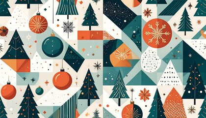Geometric Christmas pattern with trees, ornaments, and snowflakes