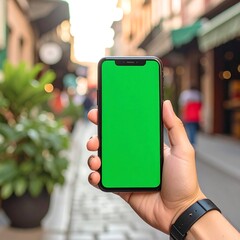 Hand holding smartphone with green screen, city street background