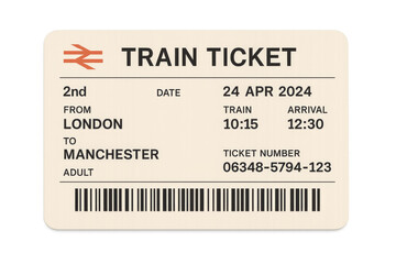 Train ticket showing journey from london to manchester with transparent background