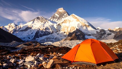 Mountain landscape with orange tent