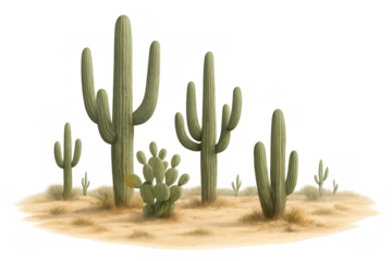 Cacti growing in desert landscape with transparent background