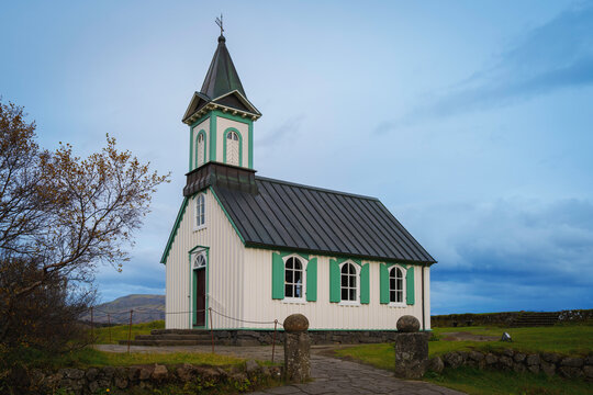 Iceland historic landmark church Þingvallakirkja, built in 1859 in Thingvellir National Park on Valhallarvegur near Reykjavík, a quiet emblem of Icelandic faith and enduring national heritage.