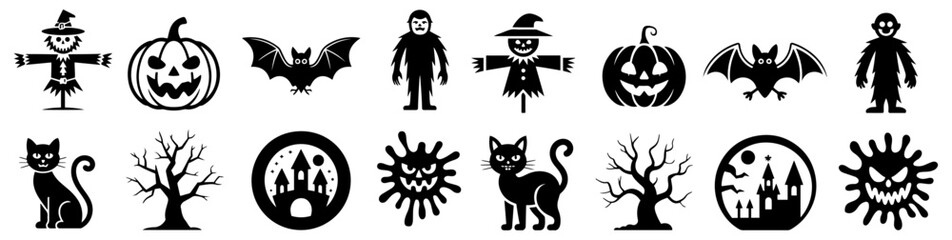 halloween silhouette icon set with spooky symbols