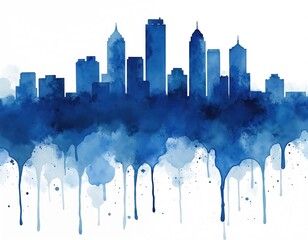 Minneapolis skyline illustration in abstract watercolor style. Deep blue, light blue hues create grunge texture with paint splashes, drips. Iconic city landmarks stand against clean white background,