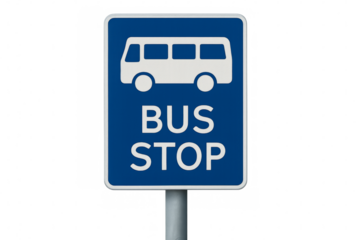 Blue bus stop sign indicating designated area for public transportation on transparent background