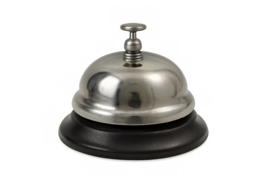 Shiny metal service bell on transparent background, calling for assistance