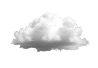 Fluffy white cumulus cloud with soft gray shadows and defined edges isolated on a transparent background