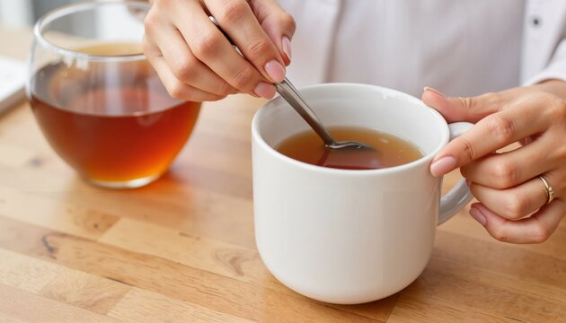 Woman stirring tea in a white mug on wooden table at home  