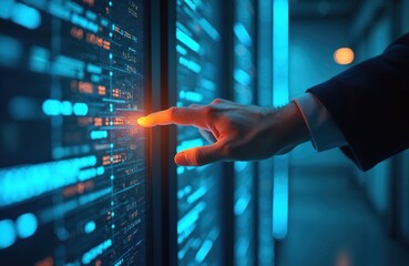 Man in suit interacts with glowing digital interface. Big data servers, data science, AI, information technology. Futuristic tech, network connections, digital storage, processing information.