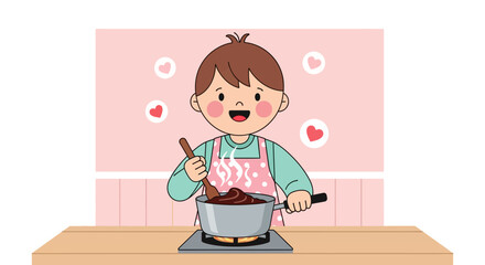 Young Chef Joyfully Preparing Sweet Chocolate Sauce In The Kitchen For Dessert