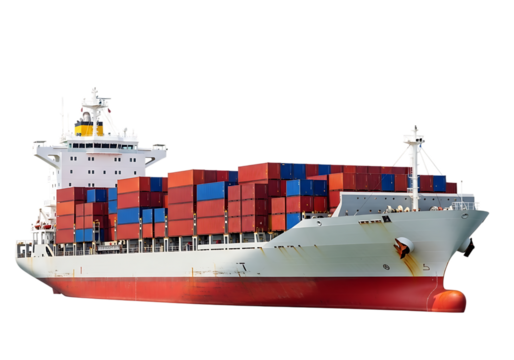 Large cargo ship carrying stacked red and blue shipping containers on a isolated on a transparent background