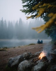 Fototapeta premium Couple sits by a fire on a beach
