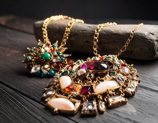 Ornate jewelry displayed on dark wood